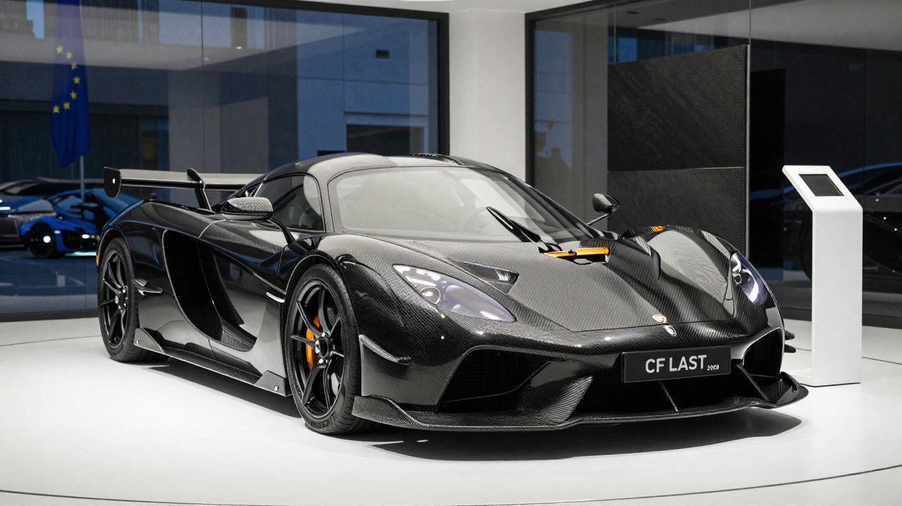 Carro desportivo preto de fibra de carbono exposto numa galeria moderna.