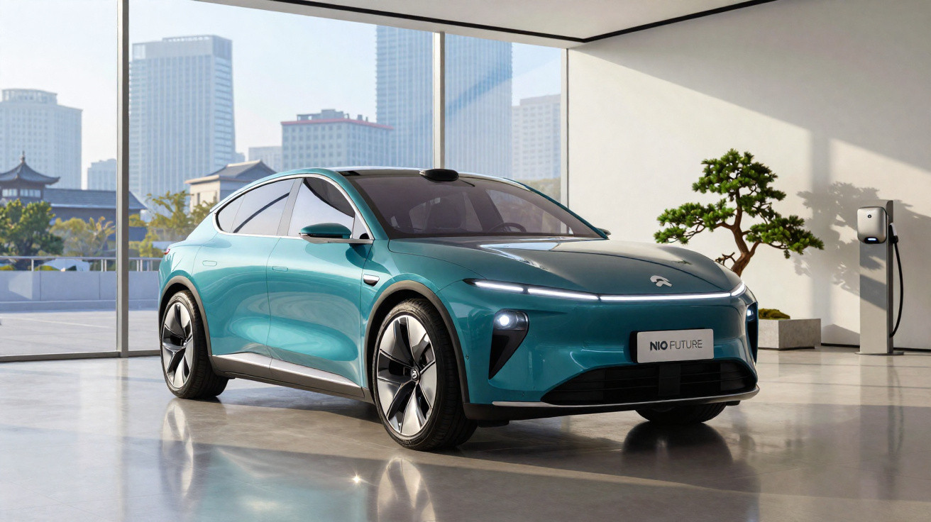 Carro elétrico azul NIO estacionado dentro de uma garagem moderna com vista para edifícios urbanos.