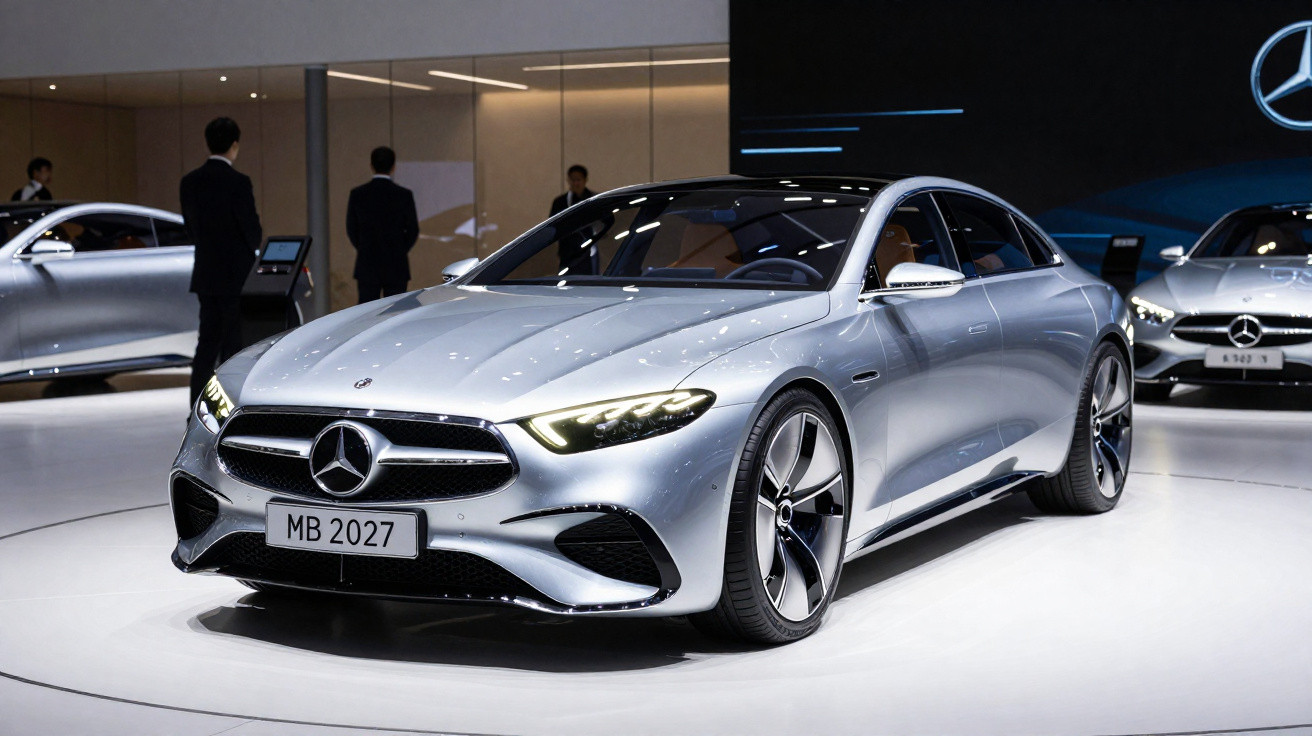 Carro desportivo Mercedes-Benz cinza prateado exposto em salão automóvel com luzes refletidas.