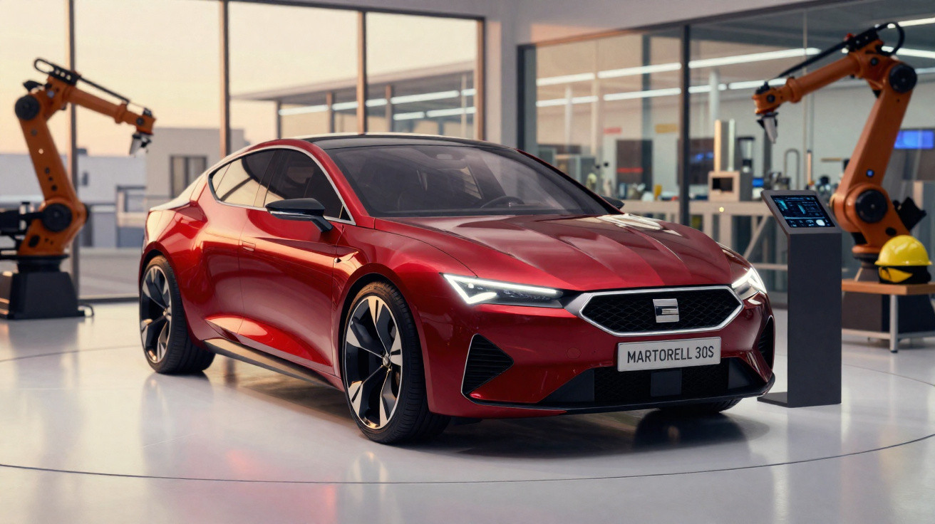 Carro desportivo vermelho estacionado em fábrica com braços robóticos à volta e chão espelhado.