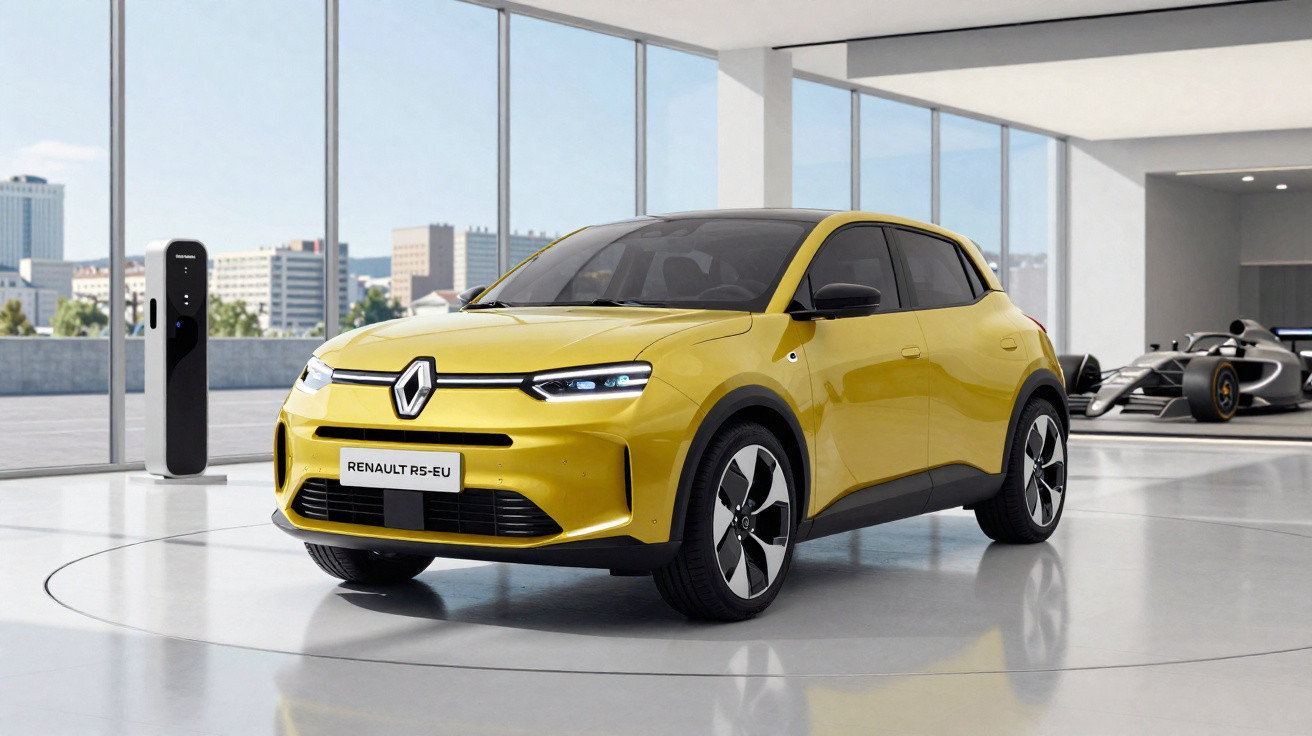 Carro elétrico Renault RS-EU amarelo exibido numa sala de exposição moderna com carregador elétrico ao fundo.