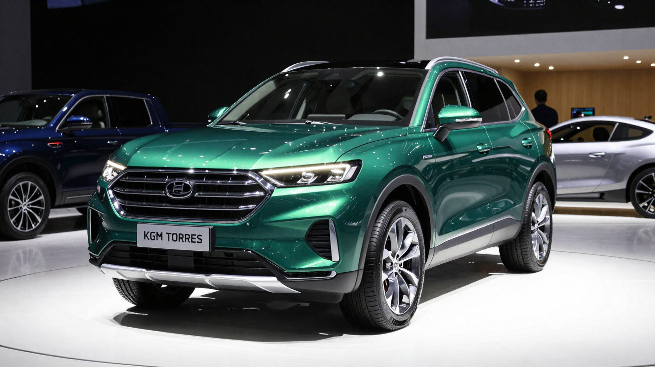Automóvel SUV verde metálico exibido em salão automóvel com iluminação ambiente e outros carros ao fundo.