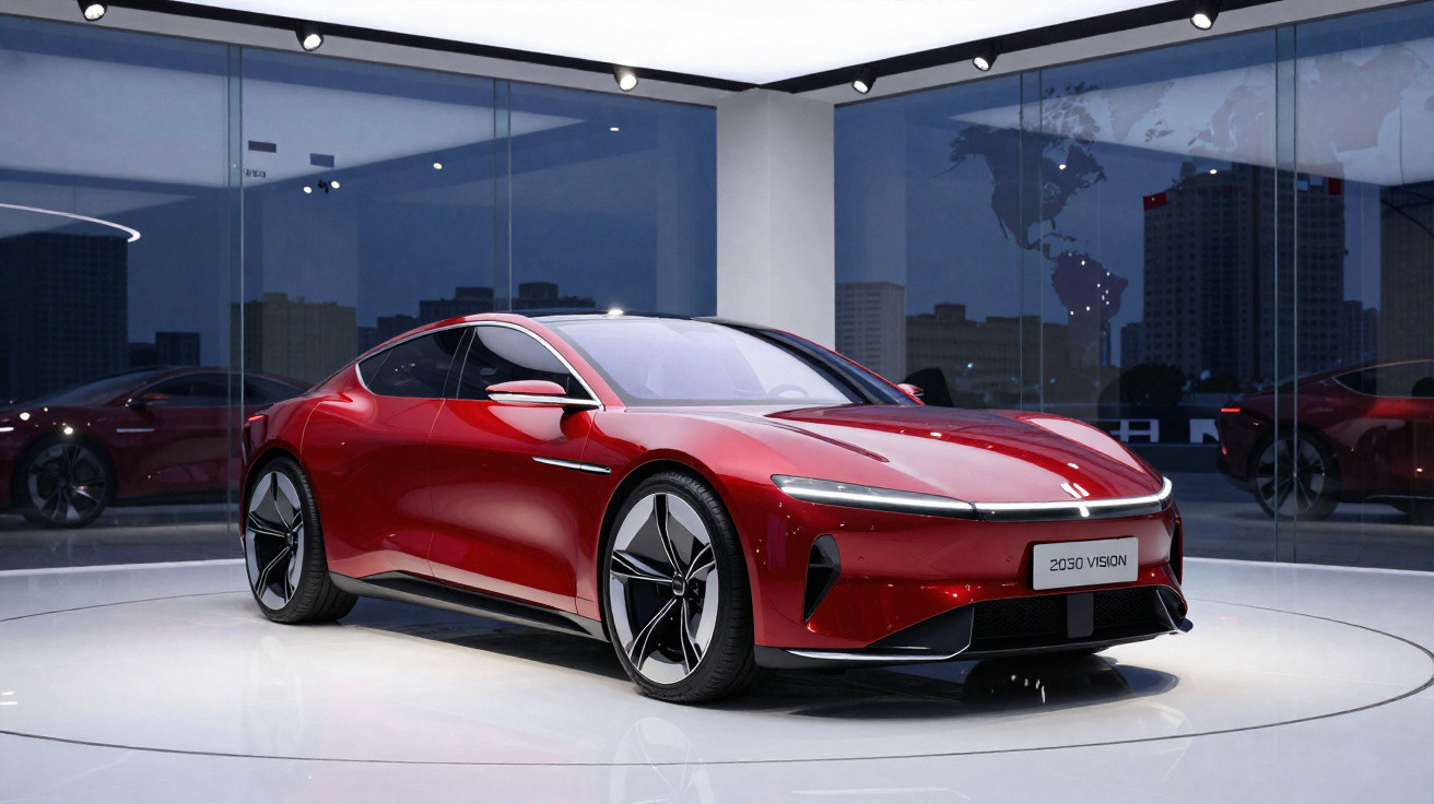Carro elétrico vermelho futurista 2030 Vision exposto em sala com vidro e reflexos urbanos à noite.