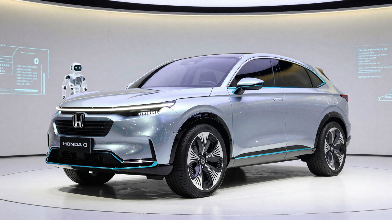Carro elétrico Honda SUV cinzento prateado exposto em sala moderna com robot ao fundo.