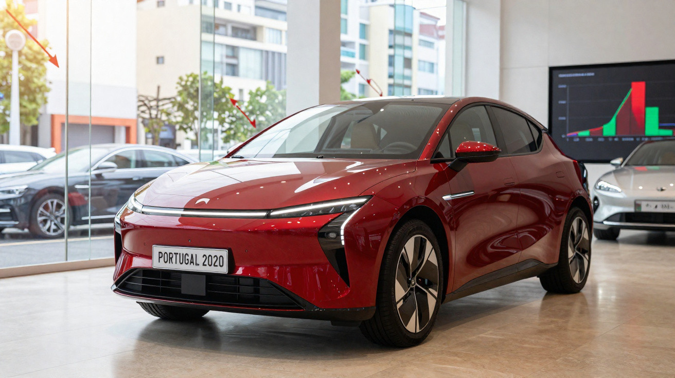 Carro elétrico vermelho moderno exposto num showroom com placas "PORTUGAL 2020" à frente.