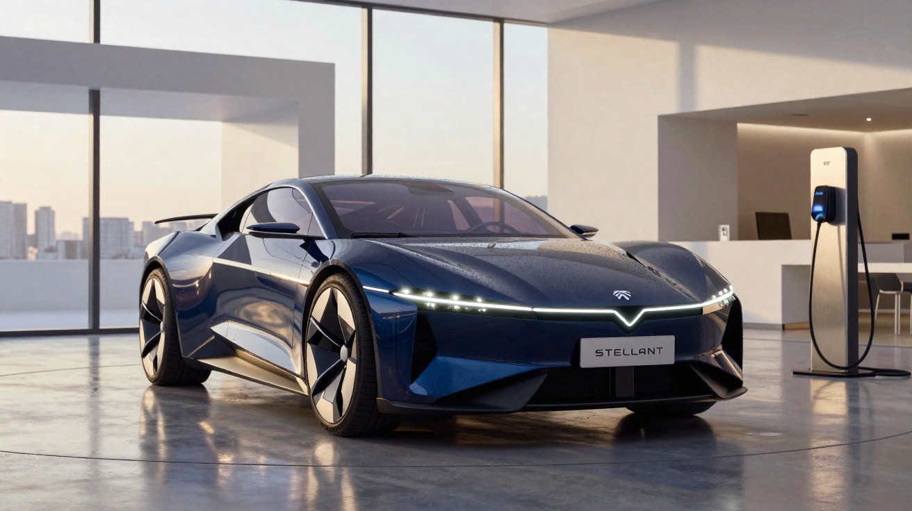 Carro elétrico desportivo azul estacionado num espaço moderno junto a uma estação de carregamento.