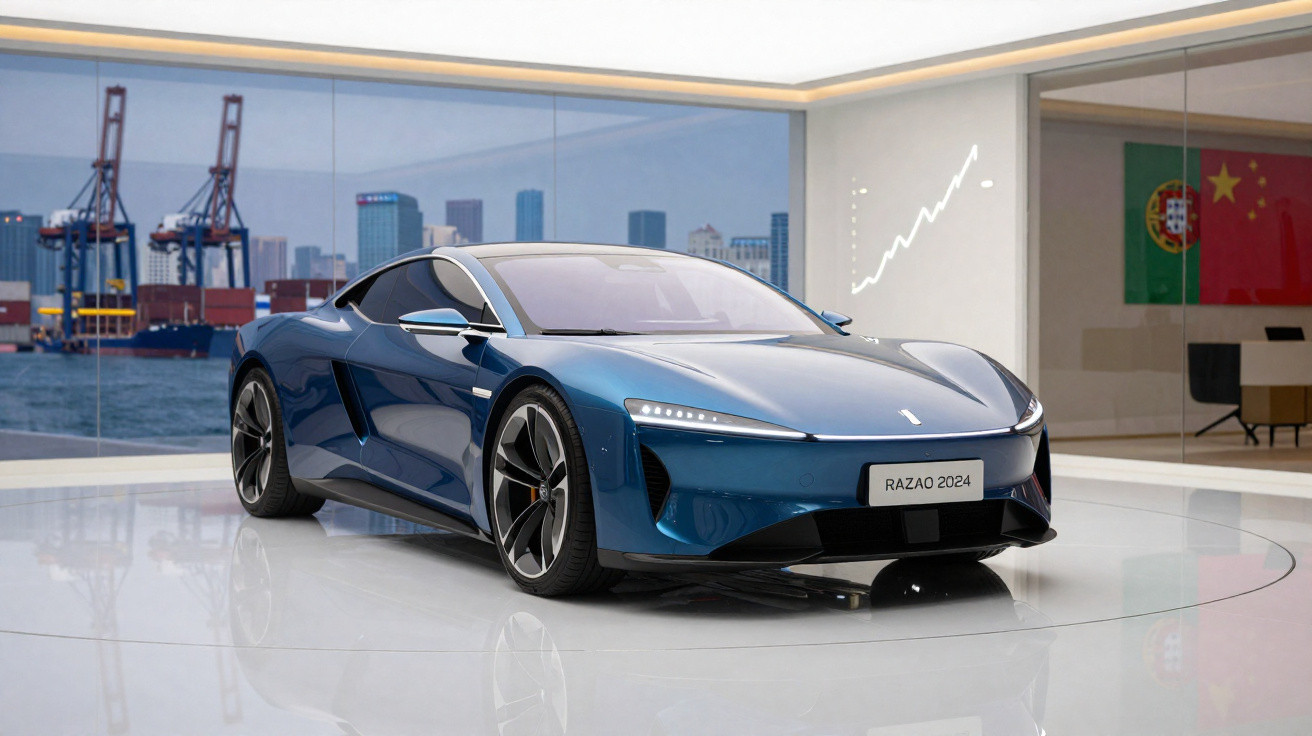 Carro desportivo elétrico azul Razao 2024 numa sala moderna com vista para o porto e bandeira de Portugal.
