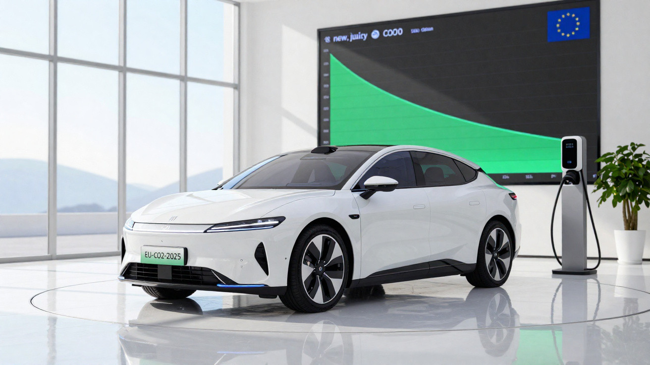 Carro elétrico branco em ambiente moderno com gráfico de queda de emissões e posto de carregamento.