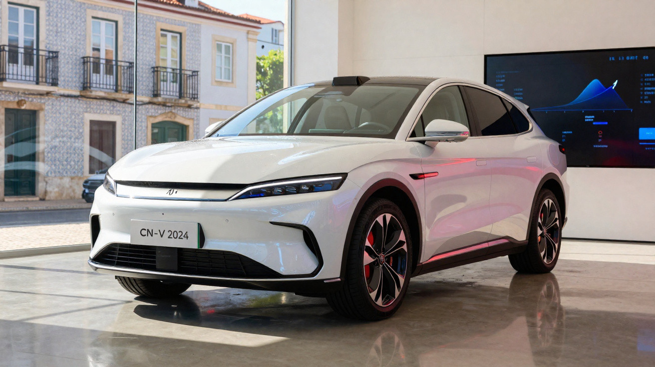 Carro elétrico branco CN-V 2024 exibido em espaço interior moderno com janelas e painéis digitais.