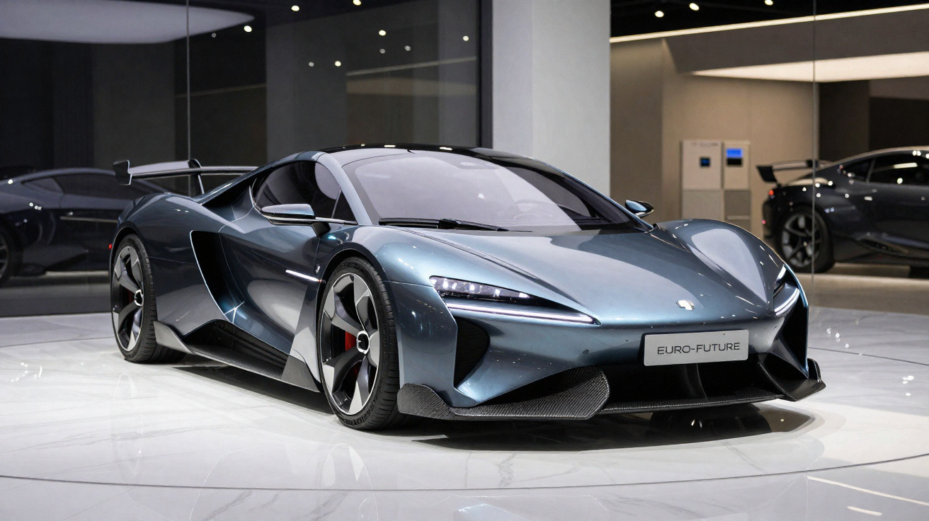 Carro desportivo elétrico cinza metálico com design futurista em exposição numa sala moderna.