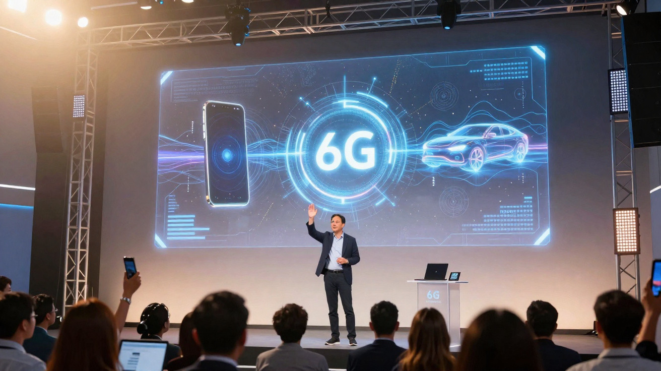 Apresentador numa conferência a explicar a tecnologia 6G com ecrã gigante mostrando telemóvel e carro futurista.
