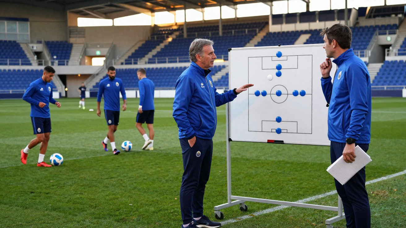 Treinador e jogador discutem tática num quadro branco enquanto equipa realiza treino de futebol num estádio vazio.