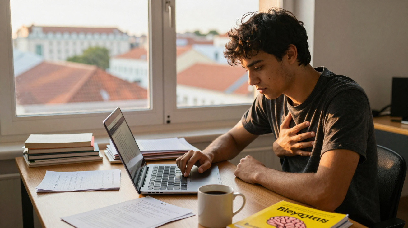 Jovem sentado numa secretária, a usar um computador portátil, com livros e uma caneca, numa sala iluminada.