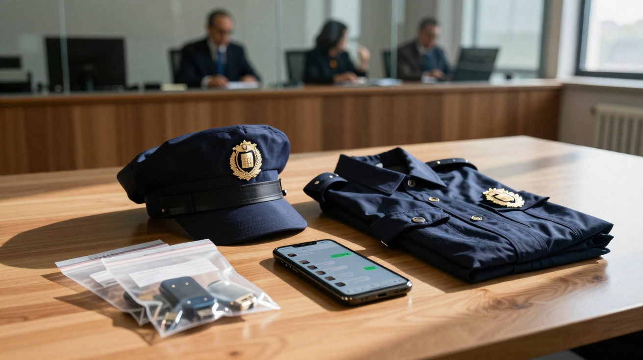Uniforme e chapéu da polícia sobre mesa com telemóvel e objetos em sacos plásticos, em tribunal.