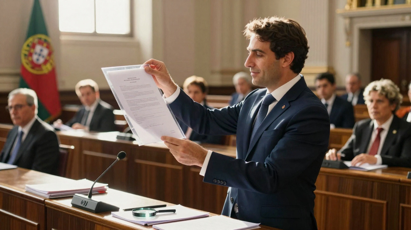 Homem em fato apresenta documentos numa sala de tribunal com várias pessoas ao fundo e bandeira de Portugal.