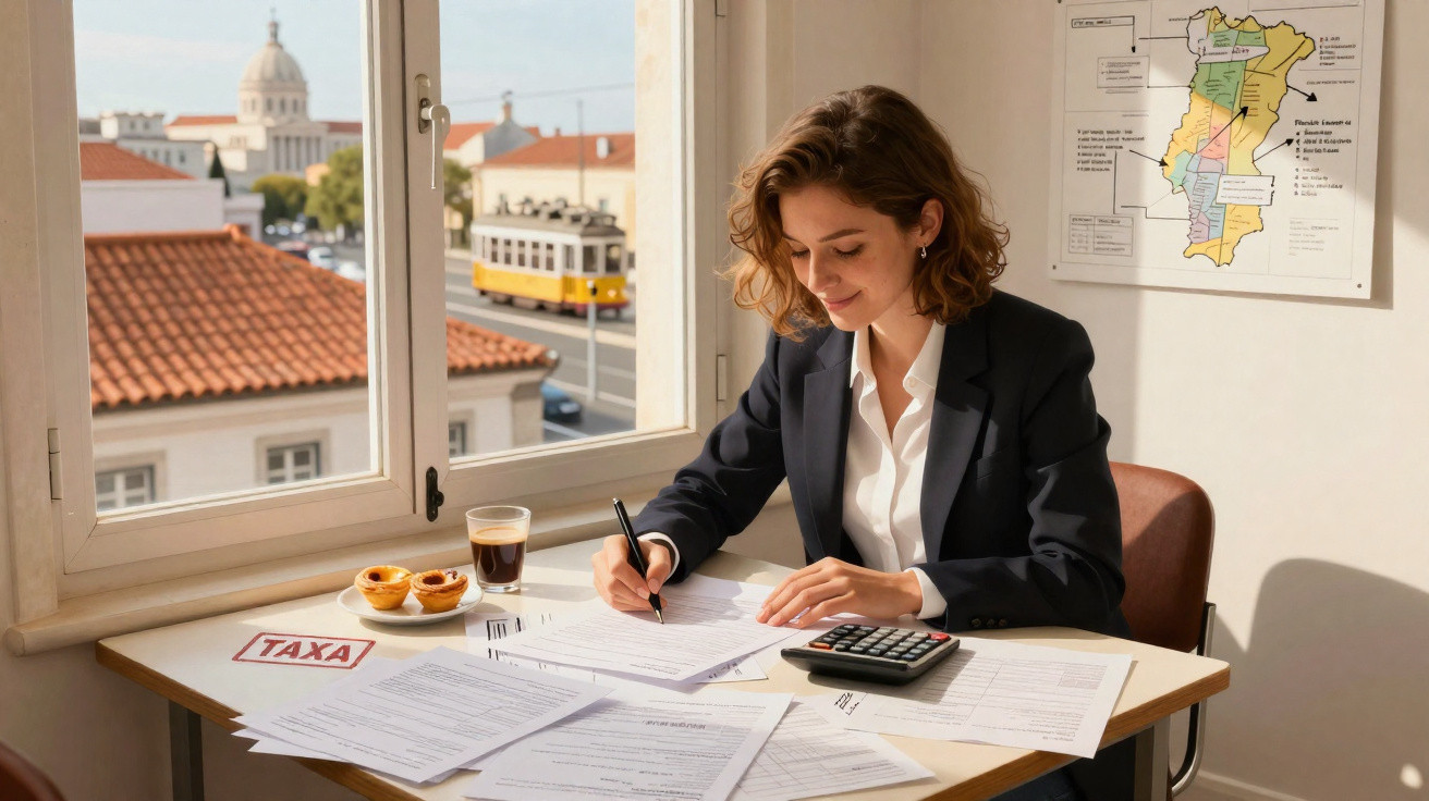 Mulher a analisar documentos de finanças num escritório com vista para eléctrico amarelo em Lisboa.