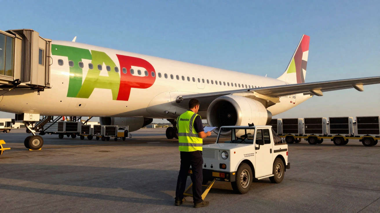 Funcionário de aeroporto junto a viatura de apoio, com avião TAP ao fundo numa pista ao entardecer.
