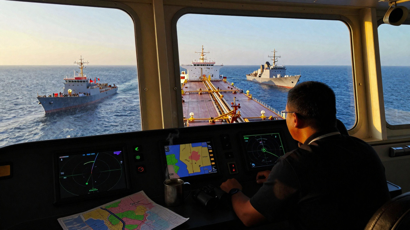Homem no comando de navio observa dois navios militares em mar calmo ao pôr do sol.