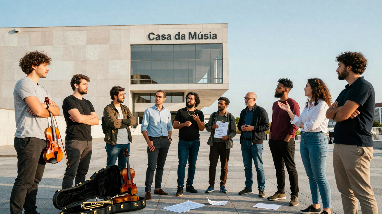 Dez músicos de pé em círculo à frente da Casa da Música, com violinos e partituras no chão.