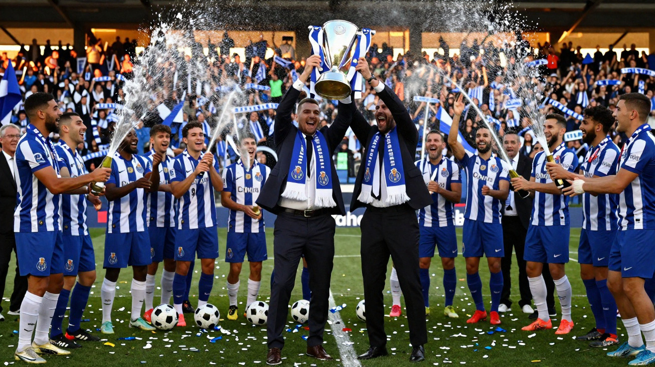 Jogadores do FC Porto celebram vitória com troféu e champanhe num campo de futebol.