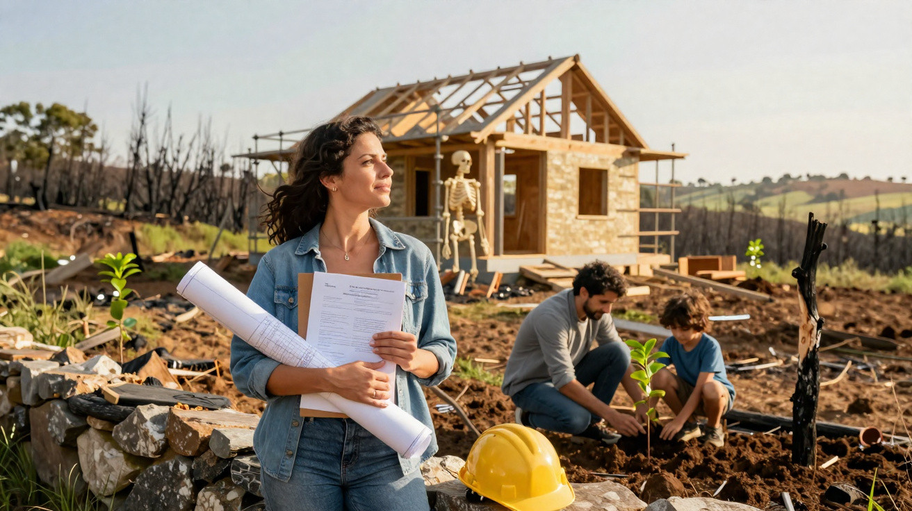 Mulher com planta e documentos observa obra de casa em construção, homem e criança plantam árvore atrás.