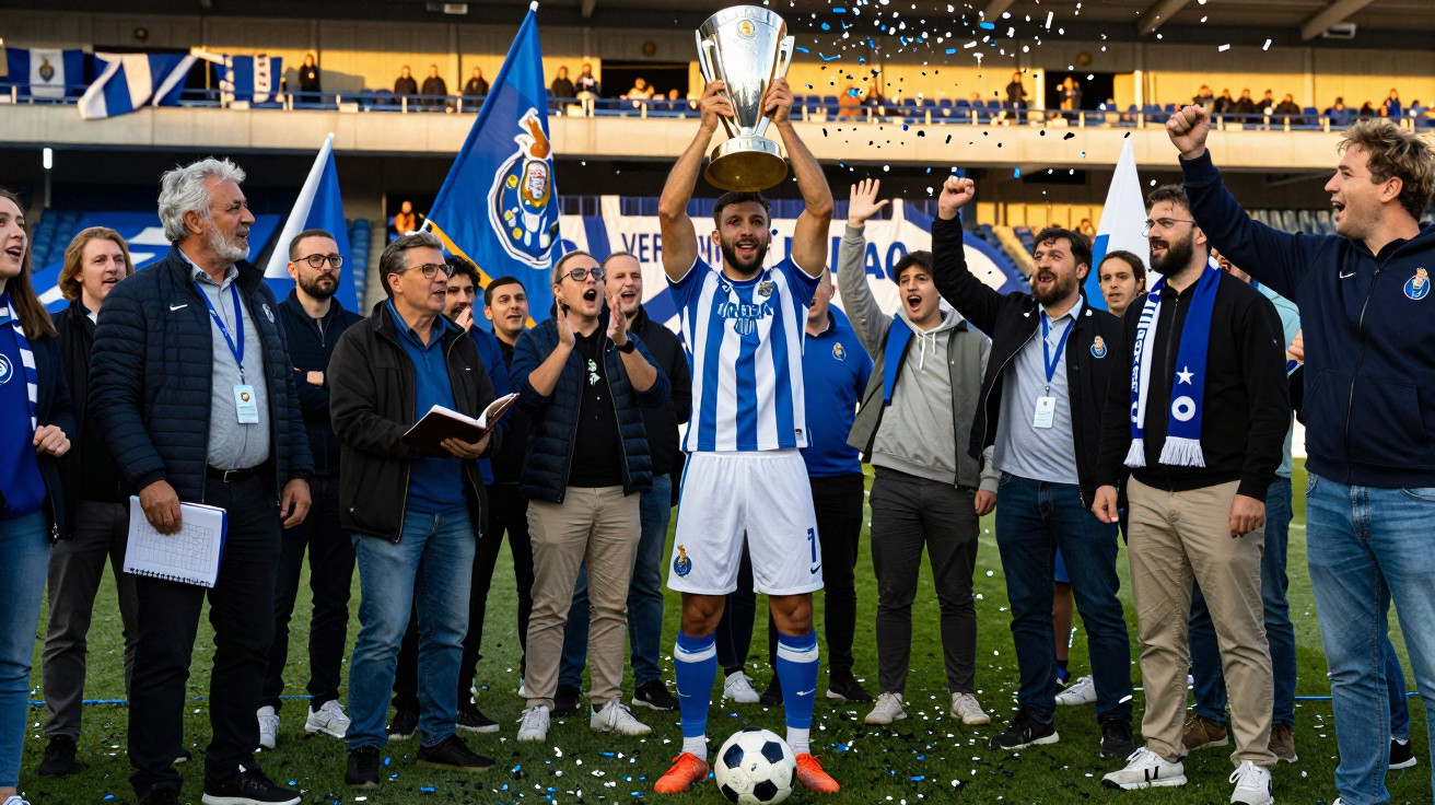 Jogador do FC Porto levanta troféu rodeado por equipa técnica e adeptos com bandeiras no estádio.