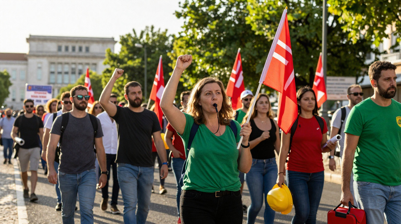Grupo de manifestantes a marchar com bandeiras vermelhas e punhos erguidos numa rua ao ar livre.