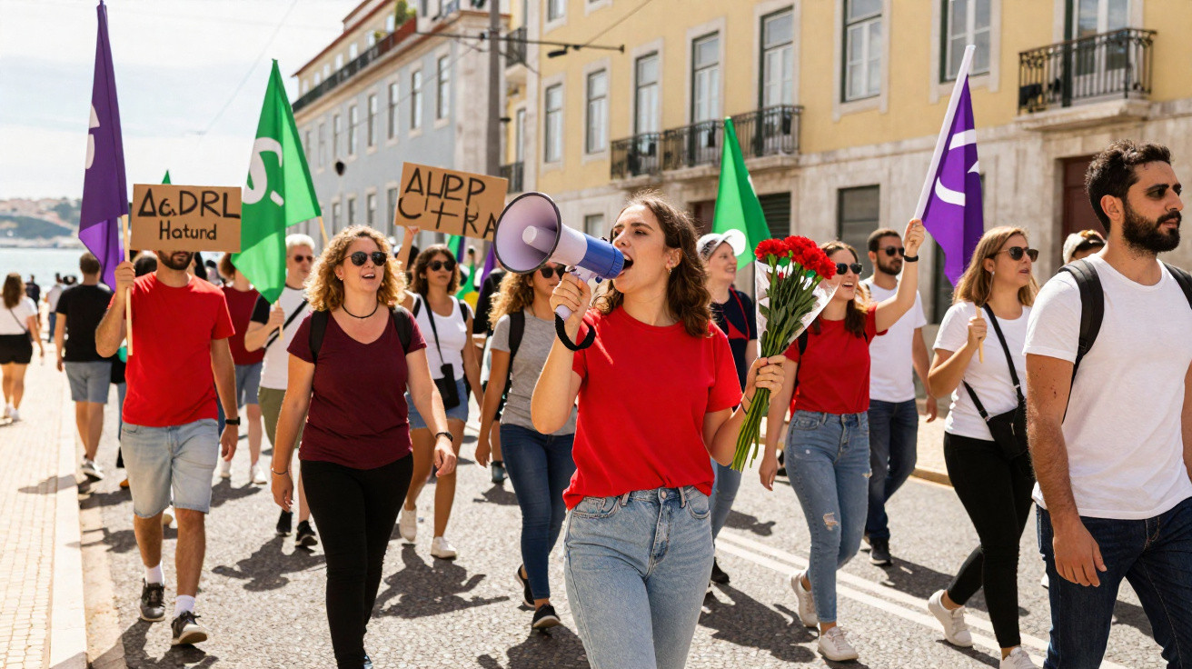 Pessoas a participar numa manifestação numa rua urbana, segurando cartazes, bandeiras e flores vermelhas.