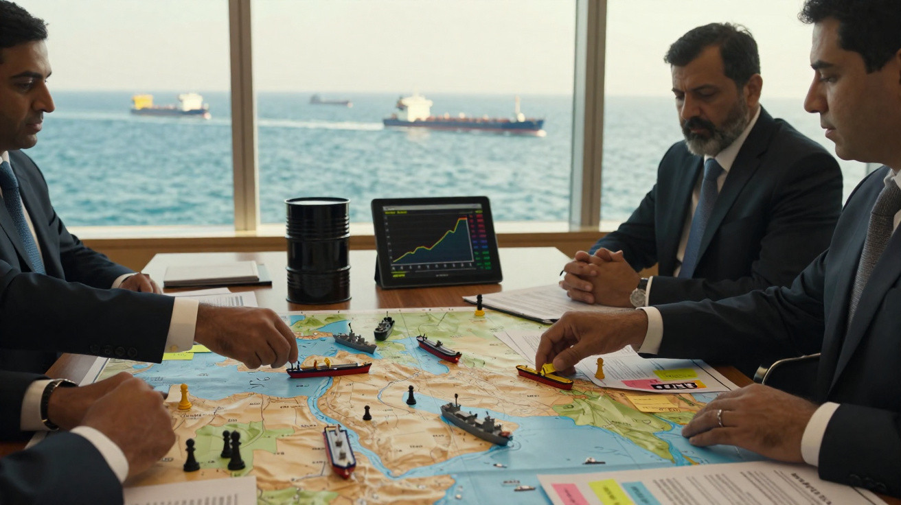Homens de negócios em reunião a analisar mapa com navios e gráficos, vista para o mar ao fundo.
