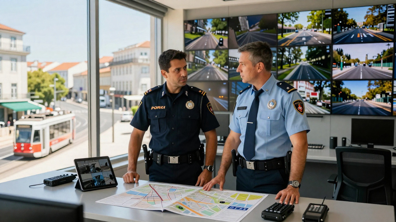 Dois polícias em uniforme revisam mapas numa sala de controlo com vários ecrãs de videovigilância.
