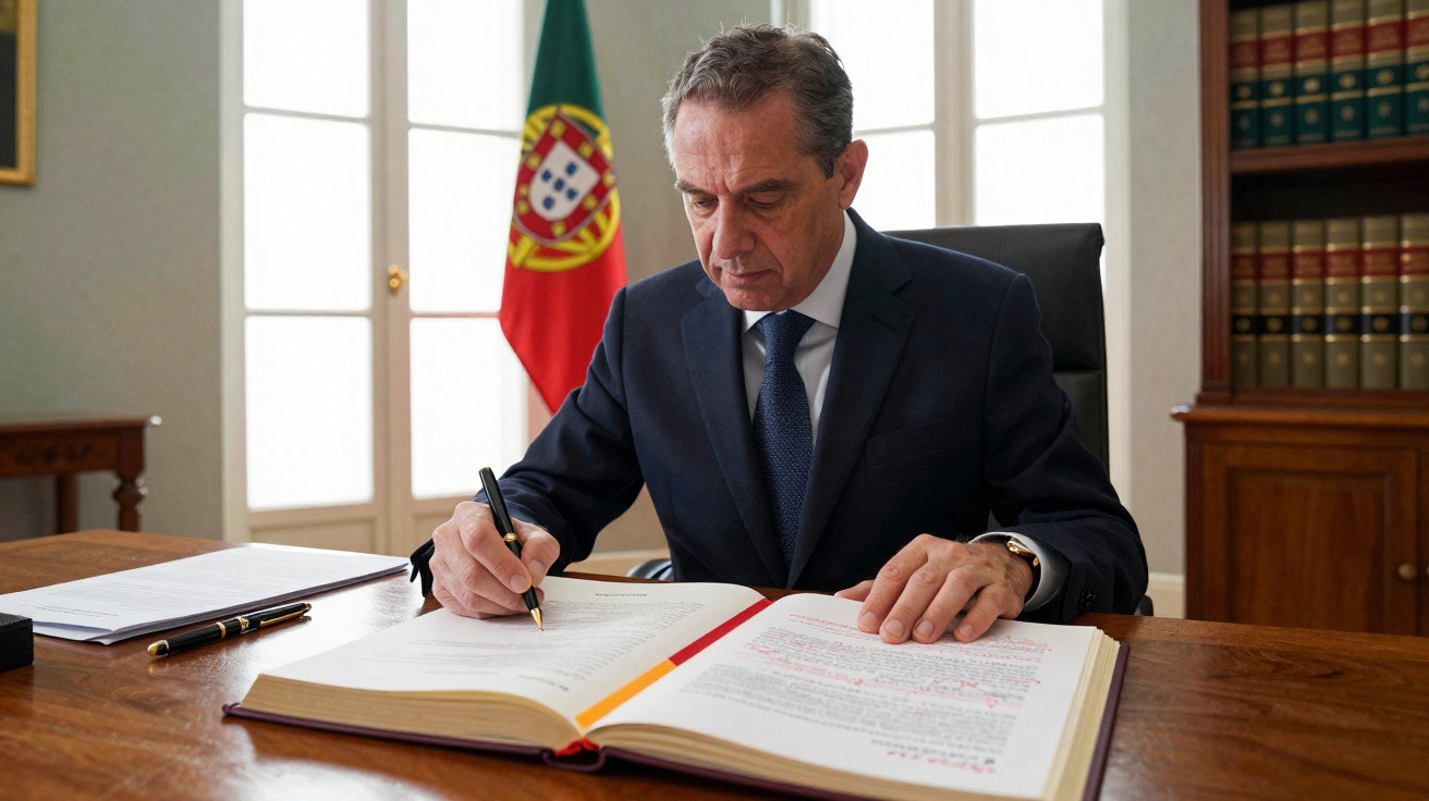 Homem de fato escuro a escrever num grande livro aberto numa mesa, com bandeira de Portugal ao fundo.