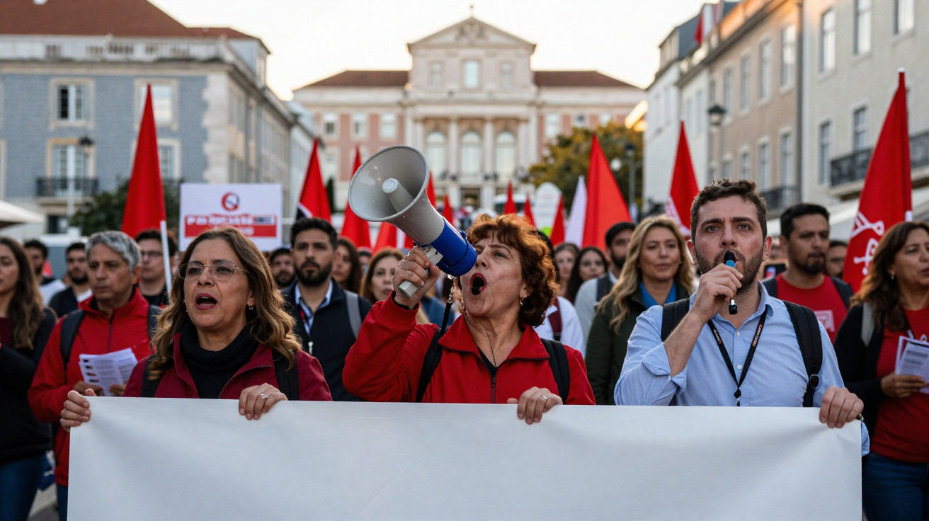Manifestantes com megafone e apito seguram faixa em protesto com bandeiras vermelhas numa rua de cidade.