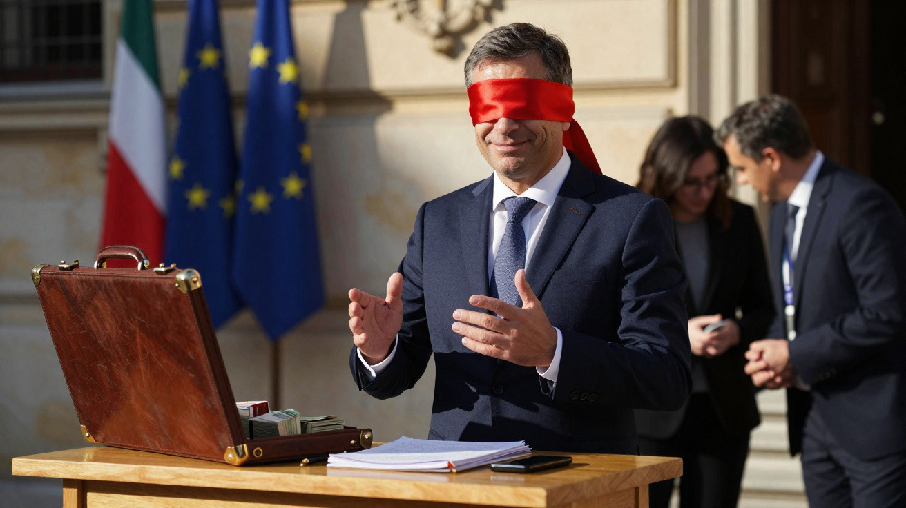 Homem de fato e gravata vendado com fita vermelha, perto de mala com dinheiro e bandeiras da UE e Itália ao fundo.