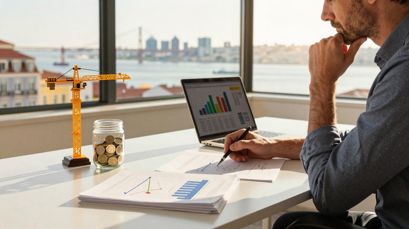 Homem a analisar gráficos financeiros numa mesa com computador portátil, moedas e modelo de grua.
