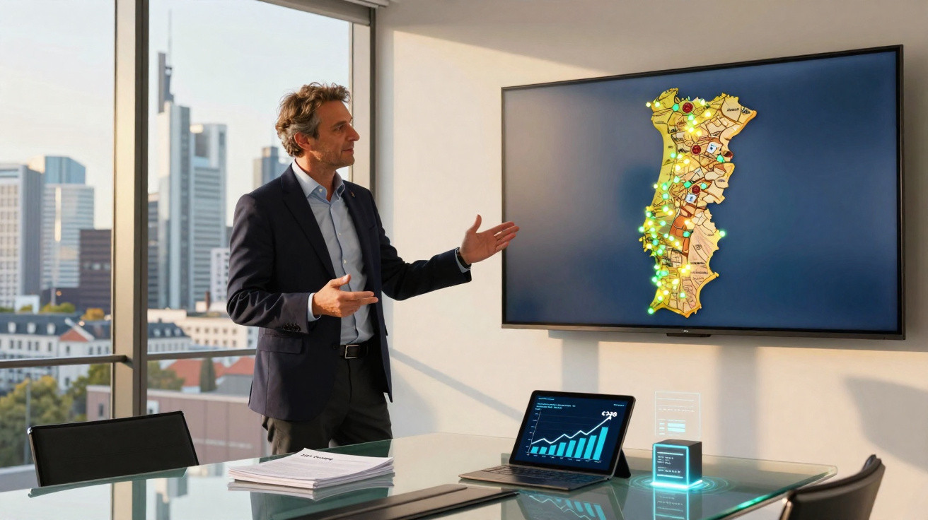 Homem em fato apresenta mapa iluminado de Portugal numa sala de reuniões moderna com vista para a cidade.