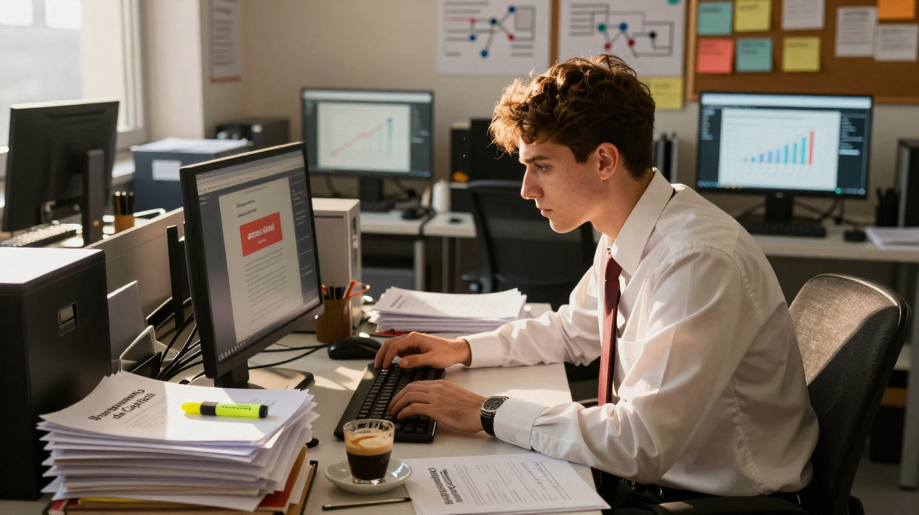 Jovem em camisa branca trabalha num escritório com vários monitores e pilhas de papéis, com café na mesa.