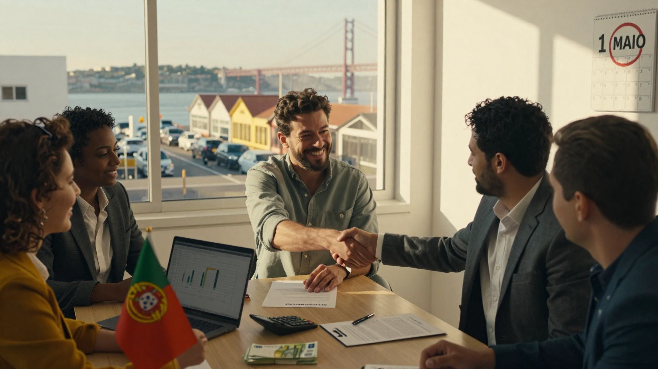 Reunião de trabalho com cinco pessoas a apertarem as mãos, com vista para a ponte 25 de Abril em Lisboa.