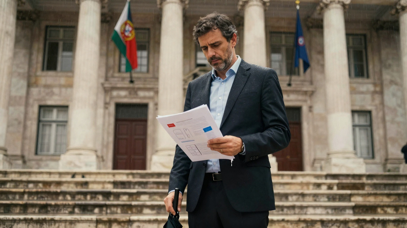 Homem de fato lê documentos em frente a um edifício oficial com colunas e bandeiras de Portugal.