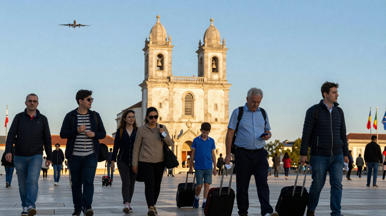Pessoas a caminhar com malas numa praça fronteiriça, com igreja histórica ao fundo e avião a voar no céu azul.