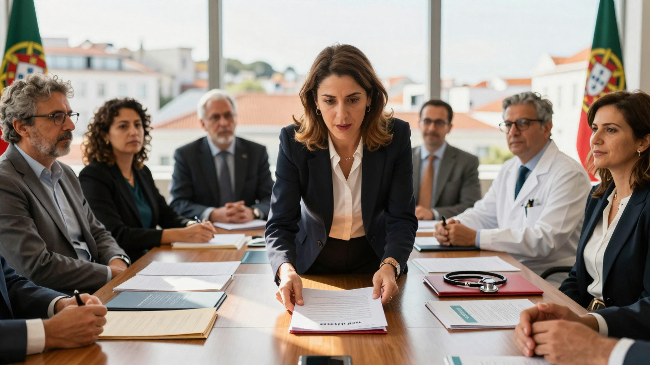 Reunião formal com várias pessoas à volta de uma mesa, mulher no centro entrega documento, bandeiras de Portugal ao fundo.