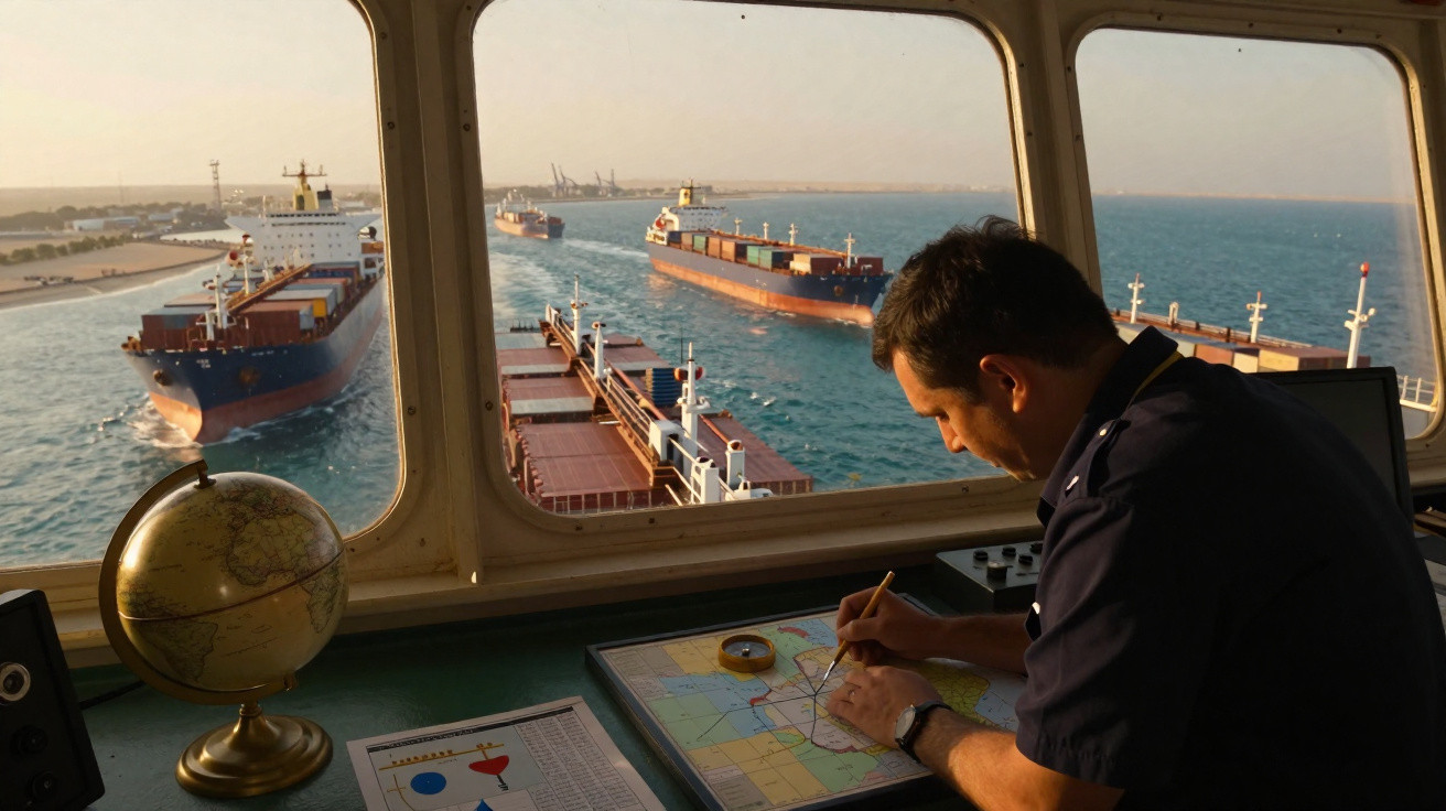 Homem a traçar rotas num mapa numa cabine de navio com vários cargueiros no mar ao fundo.
