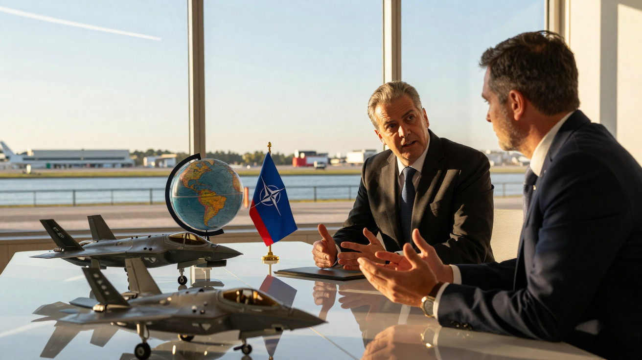 Dois homens de fato conversam numa sala com modelos de aviões de combate, globo e bandeira da NATO numa mesa.