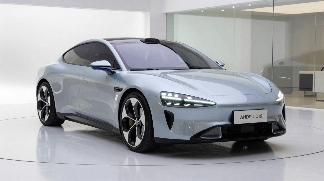 Carro desportivo elétrico cinza prateado com design moderno estacionado em ambiente branco minimalista.