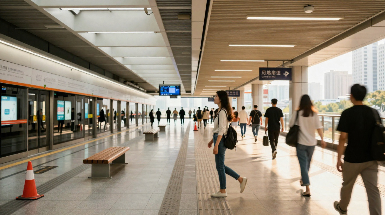 Estação de metro moderna com várias pessoas a caminhar e comboio parado na plataforma iluminada pela luz natural.