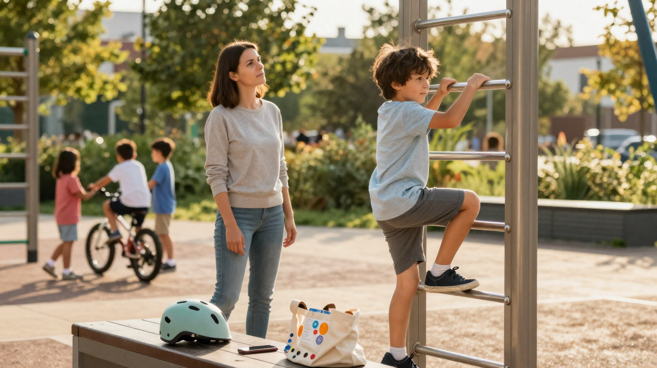 Menino a escalar estrutura de parque infantil com mulher vigilante ao lado, bicicletas e crianças ao fundo.