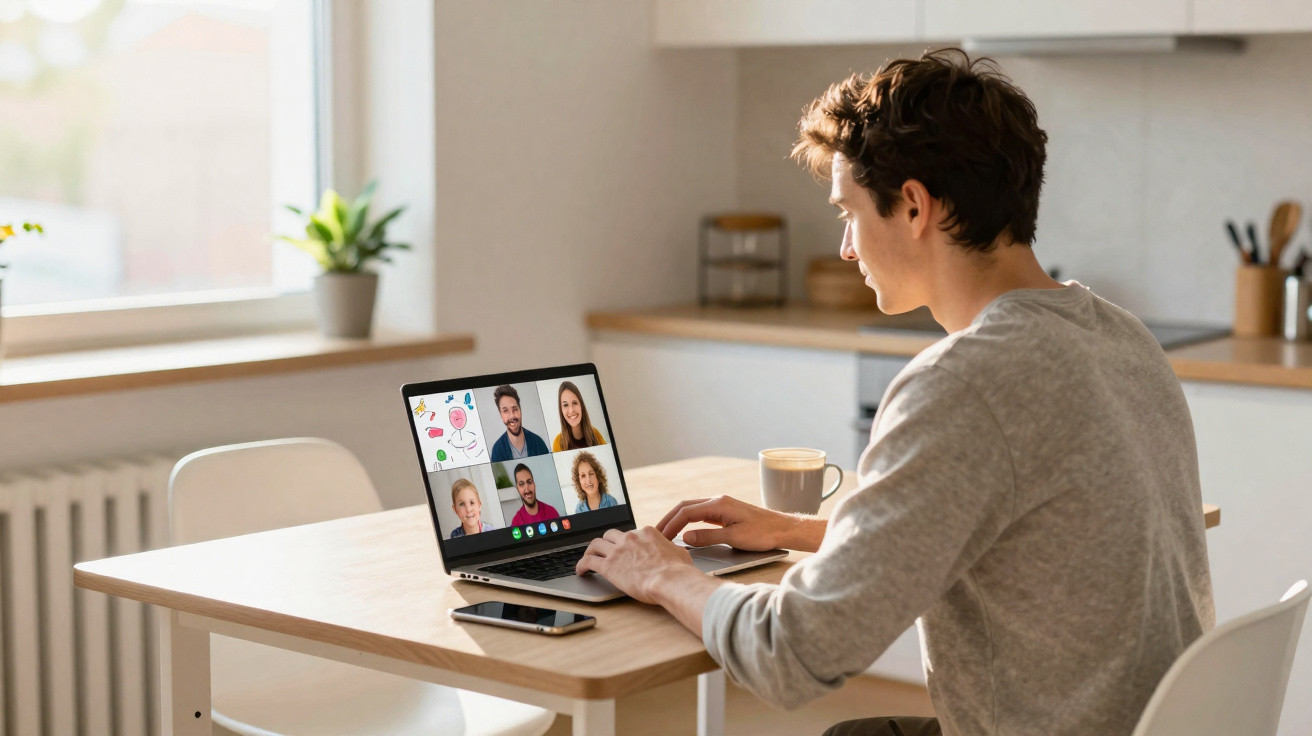 Homem jovem em videoconferência com cinco pessoas numa cozinha com luz natural e laptop.