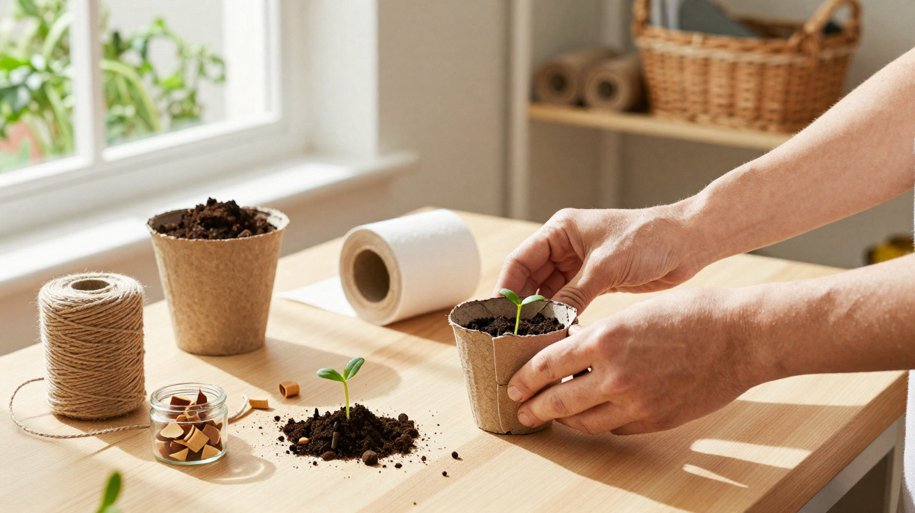 Mãos a plantar rebentos em vasos biodegradáveis com terra numa mesa iluminada perto de uma janela.