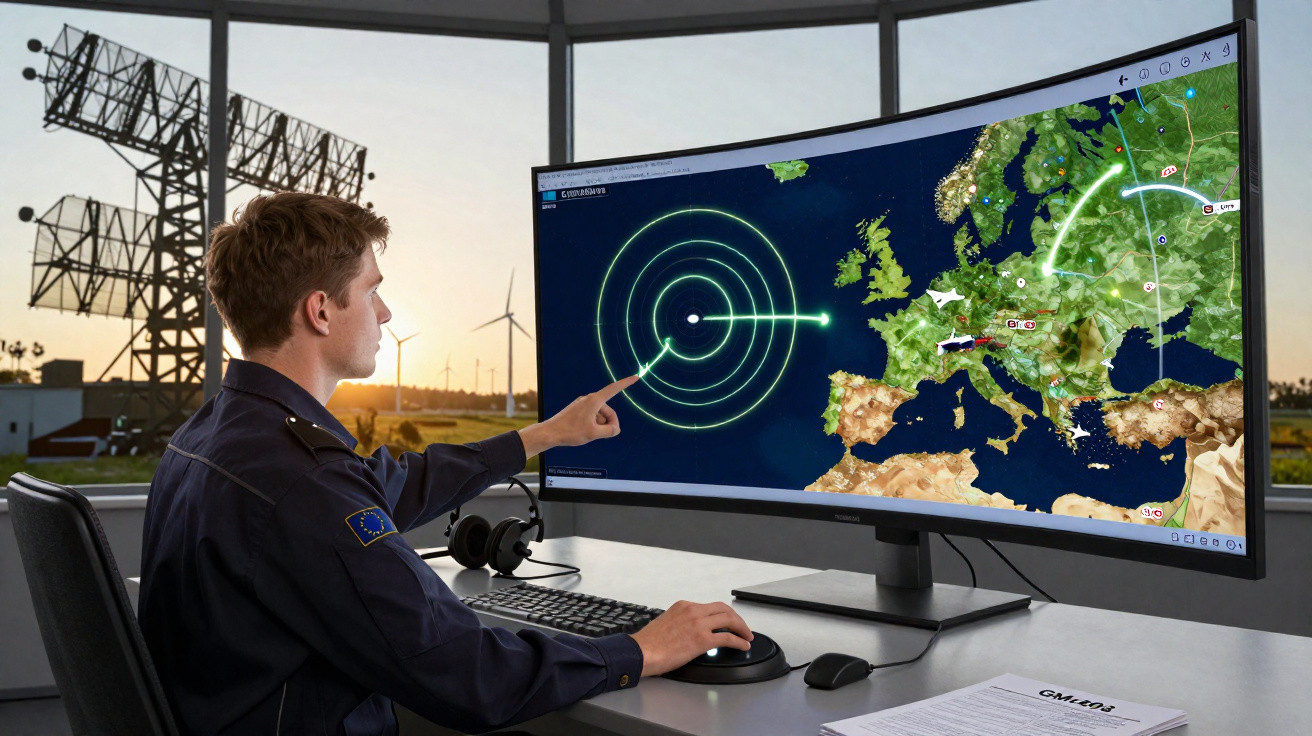 Homem em uniforme da UE operando sistema de radar com mapa digital da Europa num ecrã grande.