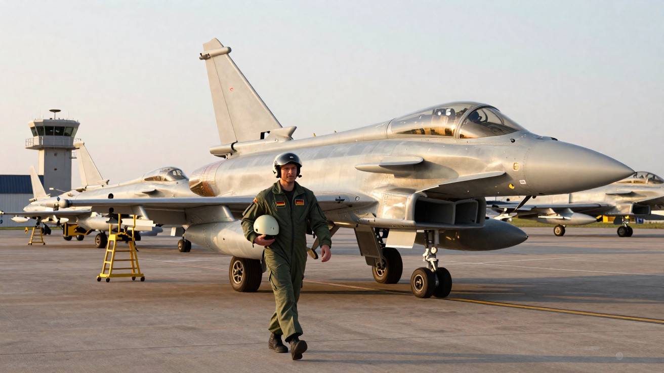 Piloto militar a caminhar junto a jato de combate estacionado numa base aérea ao pôr do sol.