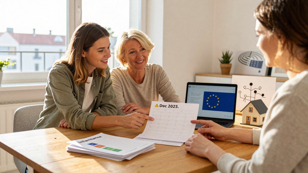 Duas mulheres a discutir um calendário de dezembro de 2025 com uma consultora num escritório luminoso.